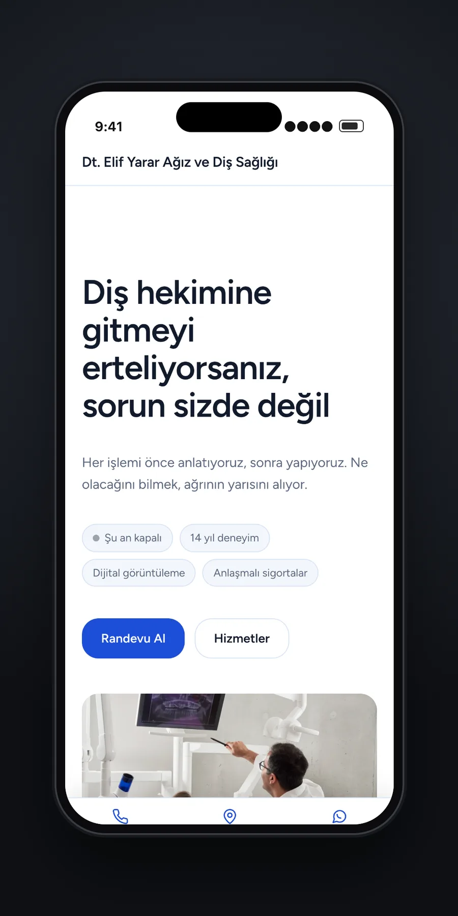 Diş kliniği için hazırlanan demo sitenin telefon görünümü