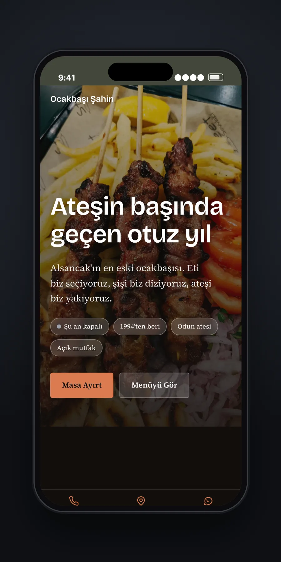 Ocakbaşı restoranı için hazırlanan demo sitenin telefon görünümü